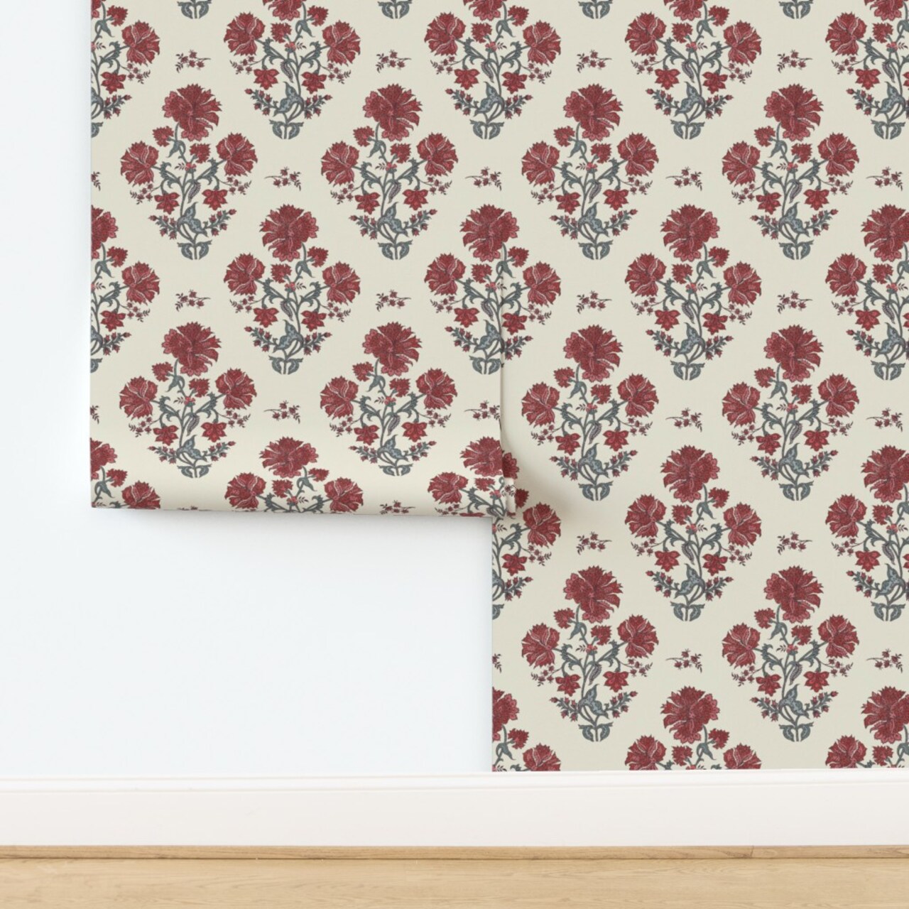 Floral Block Print Autumn Flowers Red Green Beige Americana Custom Removable Wallpaper by Spoonflower Peel & Stick Wallpaper 2FT Wide